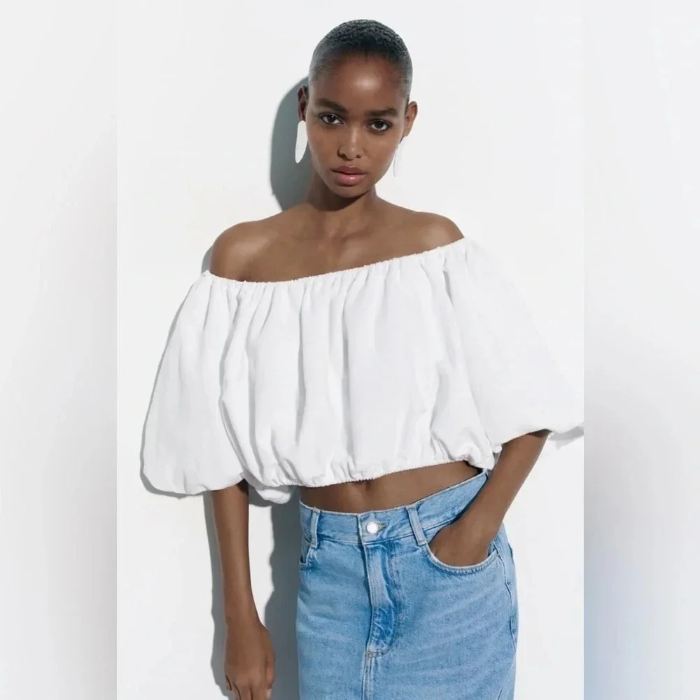 ZARA - TRF Cotton Linen  Blend Balloon Sleeve Top
